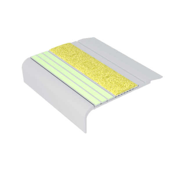 Kinesik Ecoglo F5B-E20 Flat Stair Nose Anodized Aluminum with Photoluminescent & Yellow Anti-Slip Strips 2-11/16" (Sold in Linear Feet)